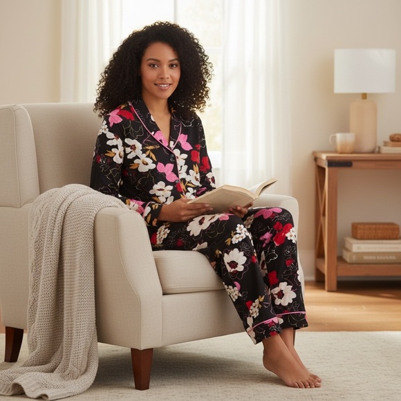 Room Service Other - Room Service Women's Shawl Collar Pajama Set/Black with Floral/Size: X-Large